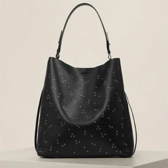 All Saints Black Junai North South Leather Studded Shoulder Tote Bag - Picture 1 of 15